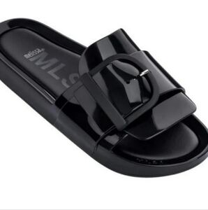 Melissa Black Patent Buckle Jelly Slides Beach Slippers Sandals, Sz 8